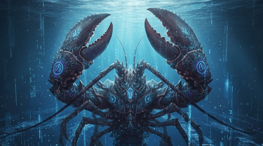 A mechanical lobster with glowing blue symbols in an underwater digital environment.